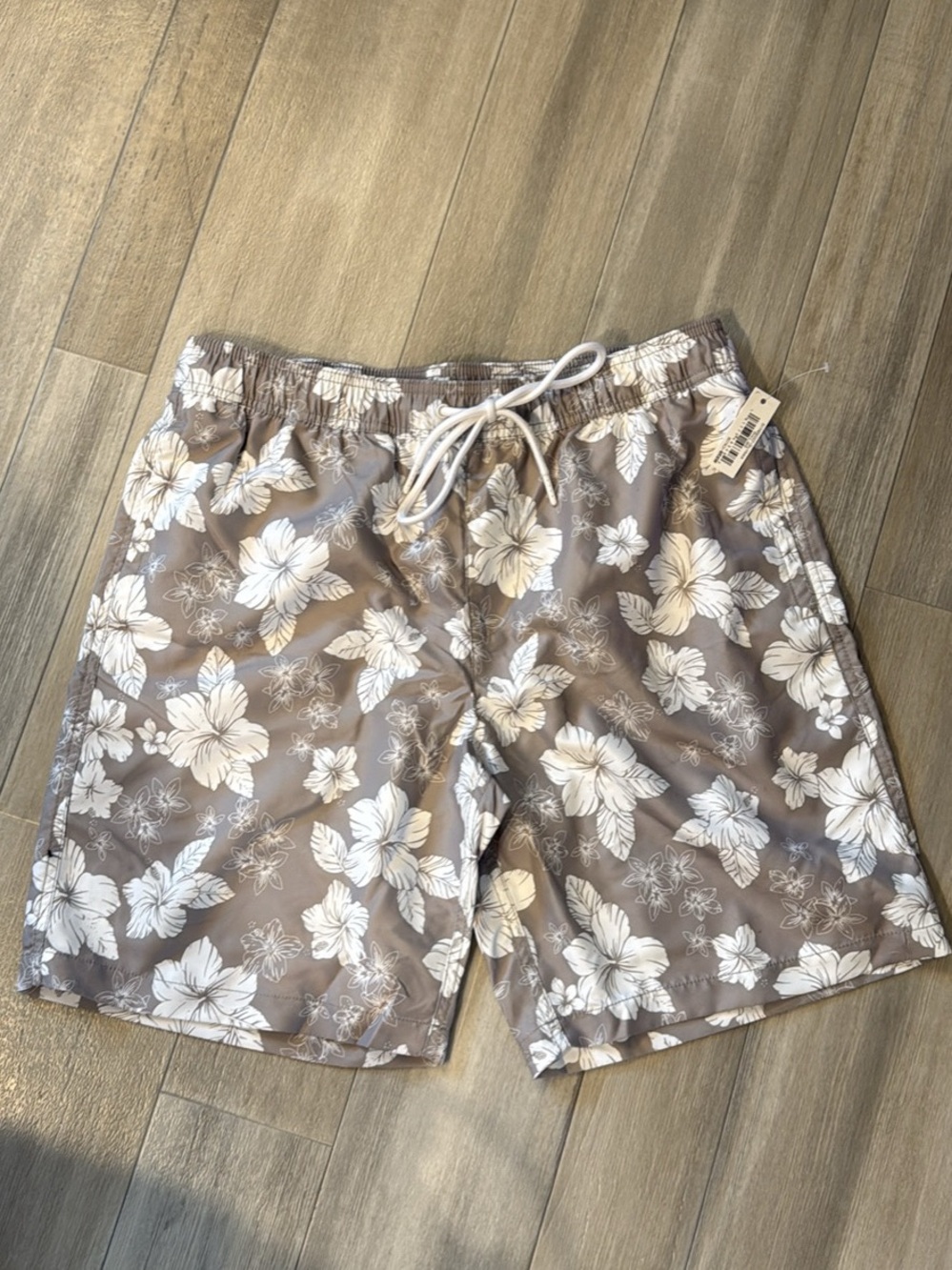 Amazon Essentials Taupe Floral Swim Board Shorts with White Hibiscus Print